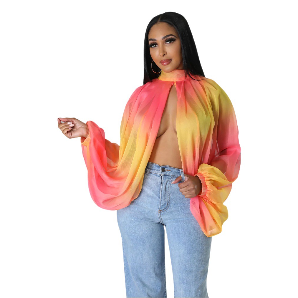 K10512 Cross-border Special for Amazon European and American Women's Summer New Lace-up Printed Chiffon Shirt Bat Sleeve Top