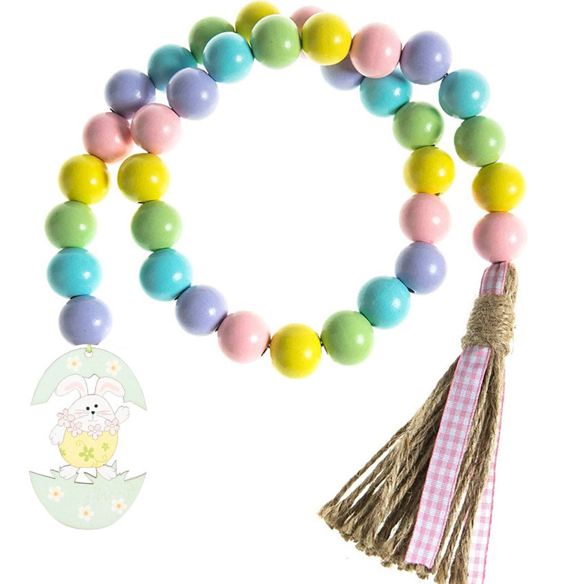 Picture of Easter Bunny Fringed Wooden Beads Garland Decoration, Amazon Farmhouse Country Village Beads Holiday Decoration