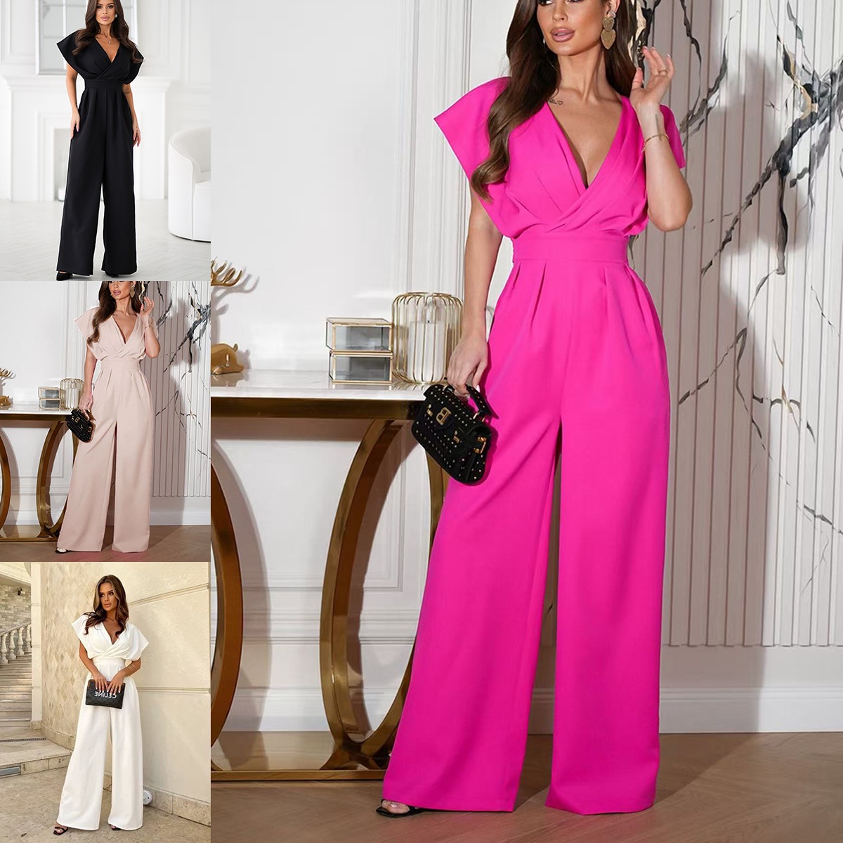 2025 Amazon Aliexpress New Summer Women's V Neck Pure Color Waist Jumpsuit