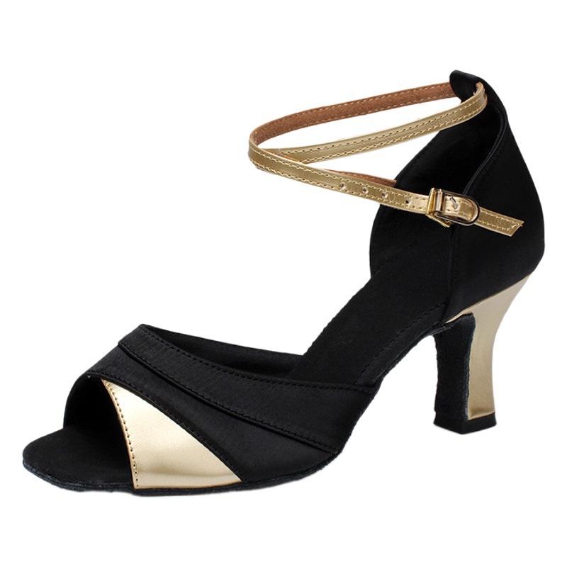 Picture of Women Adult High Heel 5cm Black Satin 7cm Latin Dance Shoes Black Red 3441 Soft Bottom Cha Cha Dancing