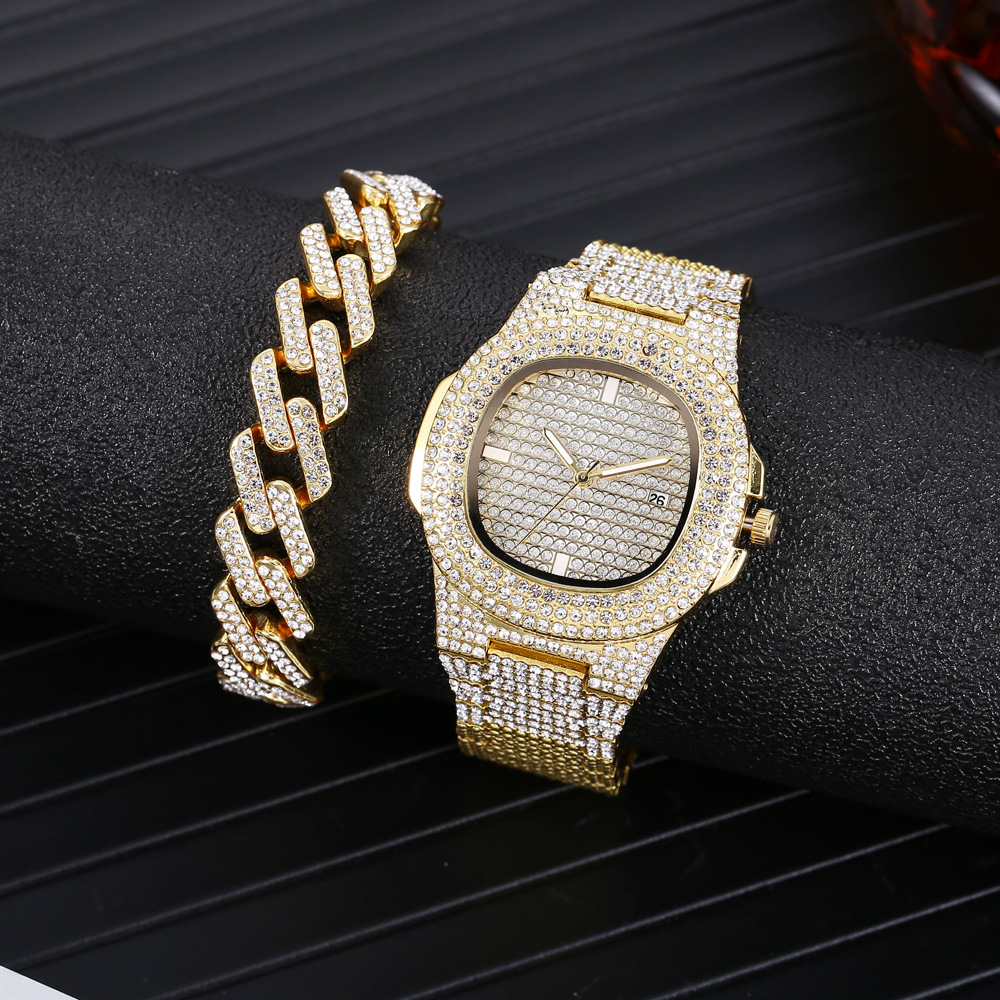 Fashion Trend Full Diamond Steel Belt Calendar Watch All-Star Two-piece Set Men's and Women's Hip Hop Bracelet Diamond Watch