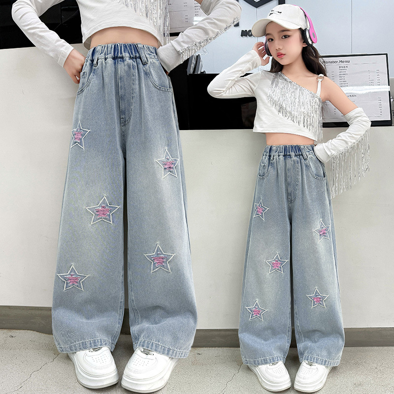 Girls' Spring and Autumn Jeans 2025 New Arrival Korean Style Fashionable Big Boy Girls' Loose Casual Wide Leg Pants for Junior High School Students