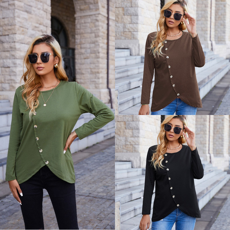 Independent Station Amazon ebay Hot Selling European and American New Button Long Sleeve Casual Round Neck T-Shirt Top Cross-border in stock