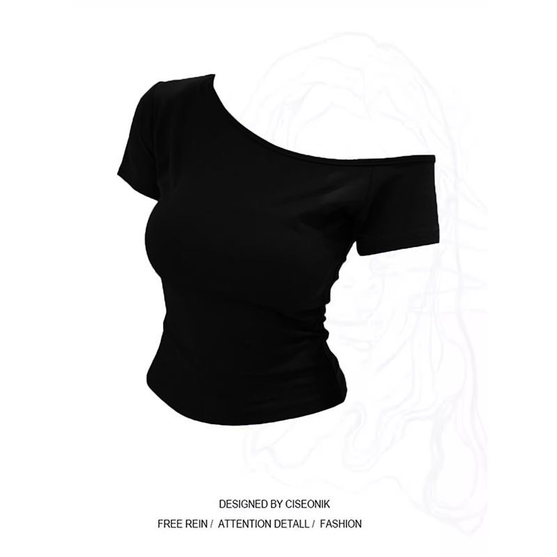 Picture of Ribbed American Letter Slant Collar Off-Shoulder Pure Desire Short T-Shirt Summer Sexy Waist Slimming Short-Sleeved Top for Women