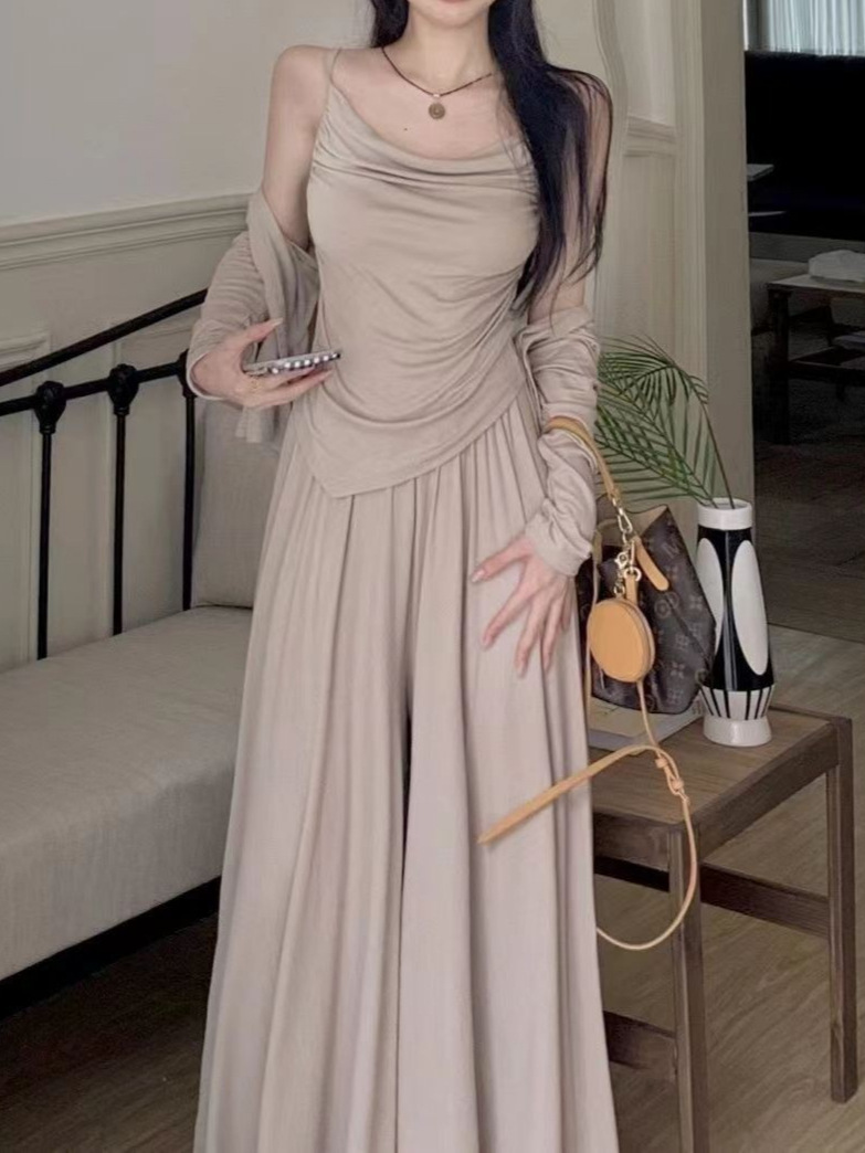 Lazy Elegant suit South Korea New Style Spice Girls Sling Sunscreen Cardigan Top High Waist Casual Long Skirt Pants Three-Piece Set