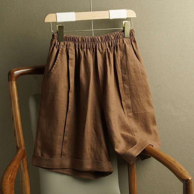 Women's Cotton and Linen Wide-Leg Pants 2024 Summer Loose High-Waisted Slimming Thin Casual Five-Point Shorts