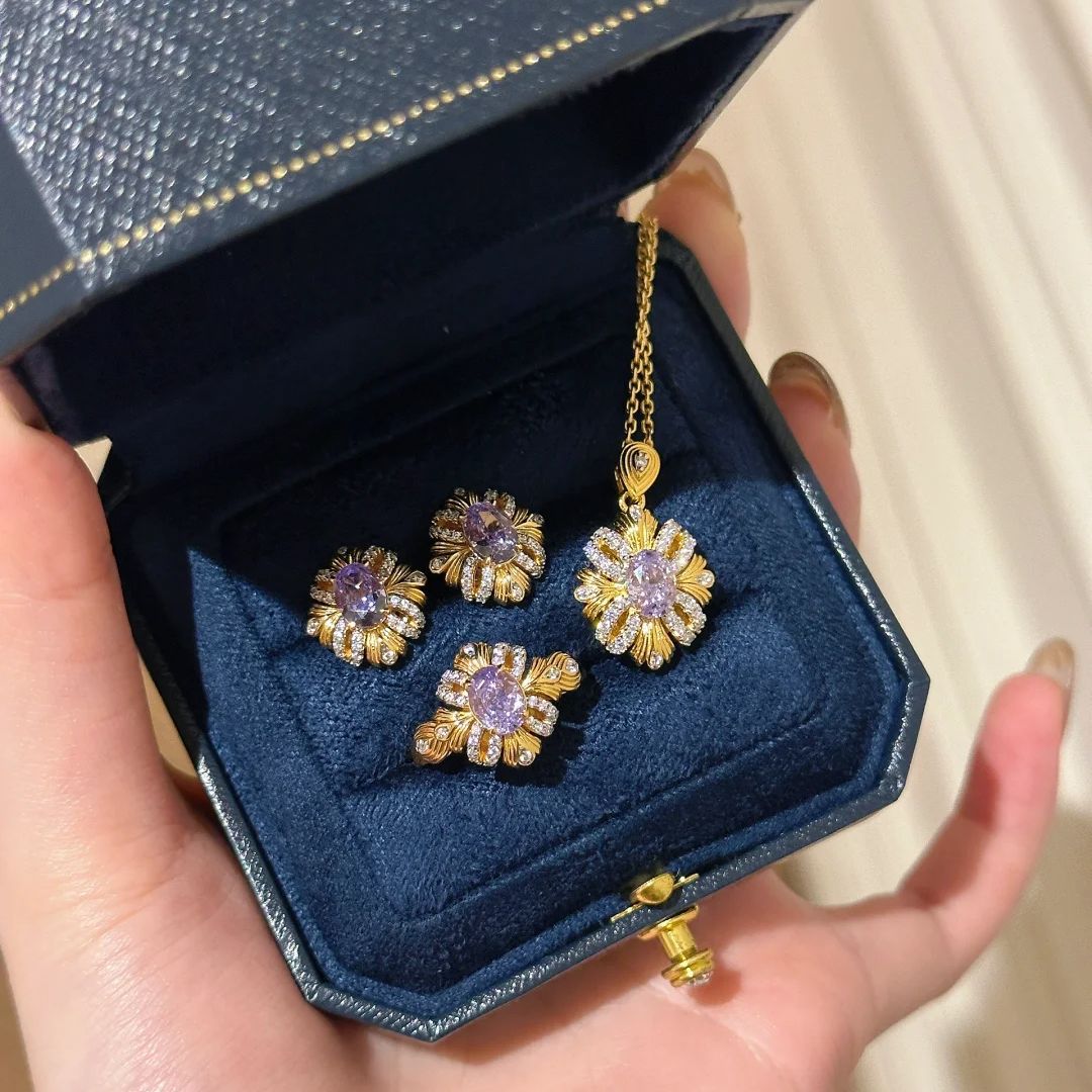 French Retro Bauhinia Ribbon Ring Noble Elegant Purple Zircon Necklace Temperament Exquisite Earrings Color Treasure suit