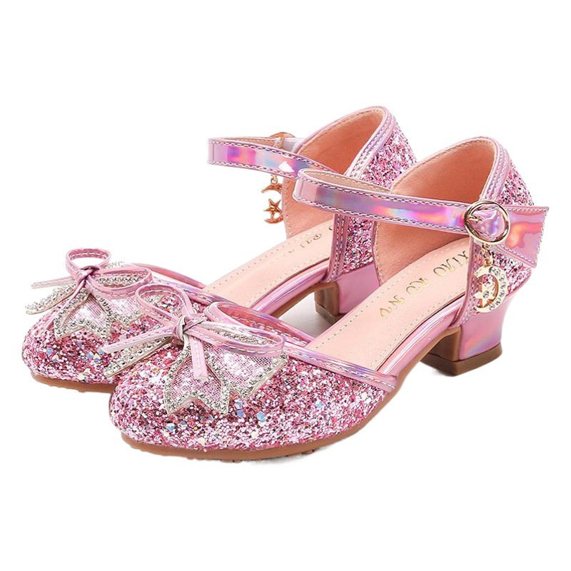 2025 Summer New High Heel Princess Sandals Closed-Toe Hollow Rhinestone Bow Performance Shoes for Older Children Crystal Shoes