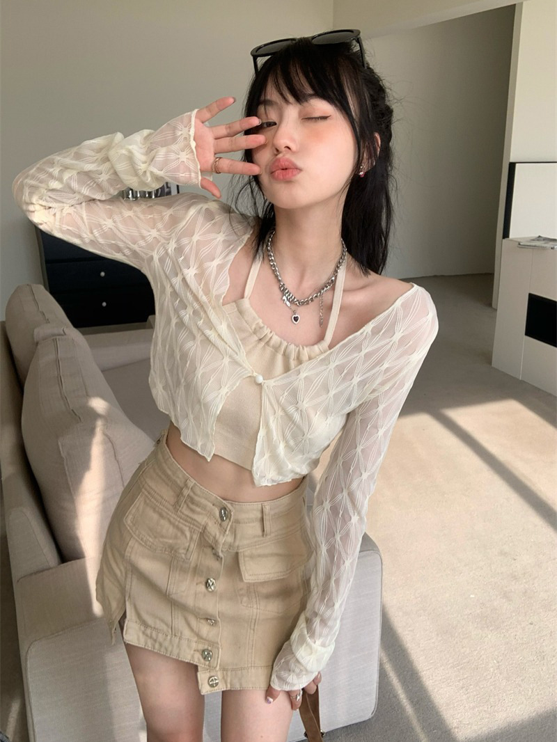 Picture of American-style sweet and spicy mesh shirt women's summer new outer cardigan thin pure style slim-fit short long-sleeved top