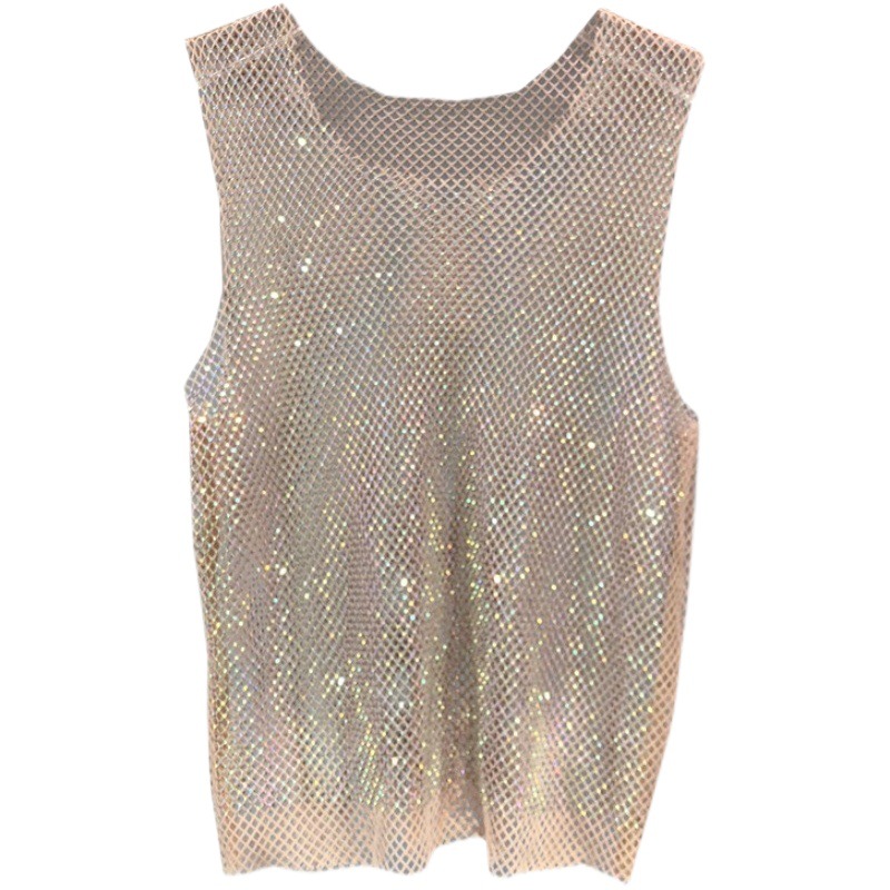 Rhinestone Mesh Vest Goddess Bright Diamond Vest Hollow Rhinestone blingbling Sparkling Sleeveless Top Women