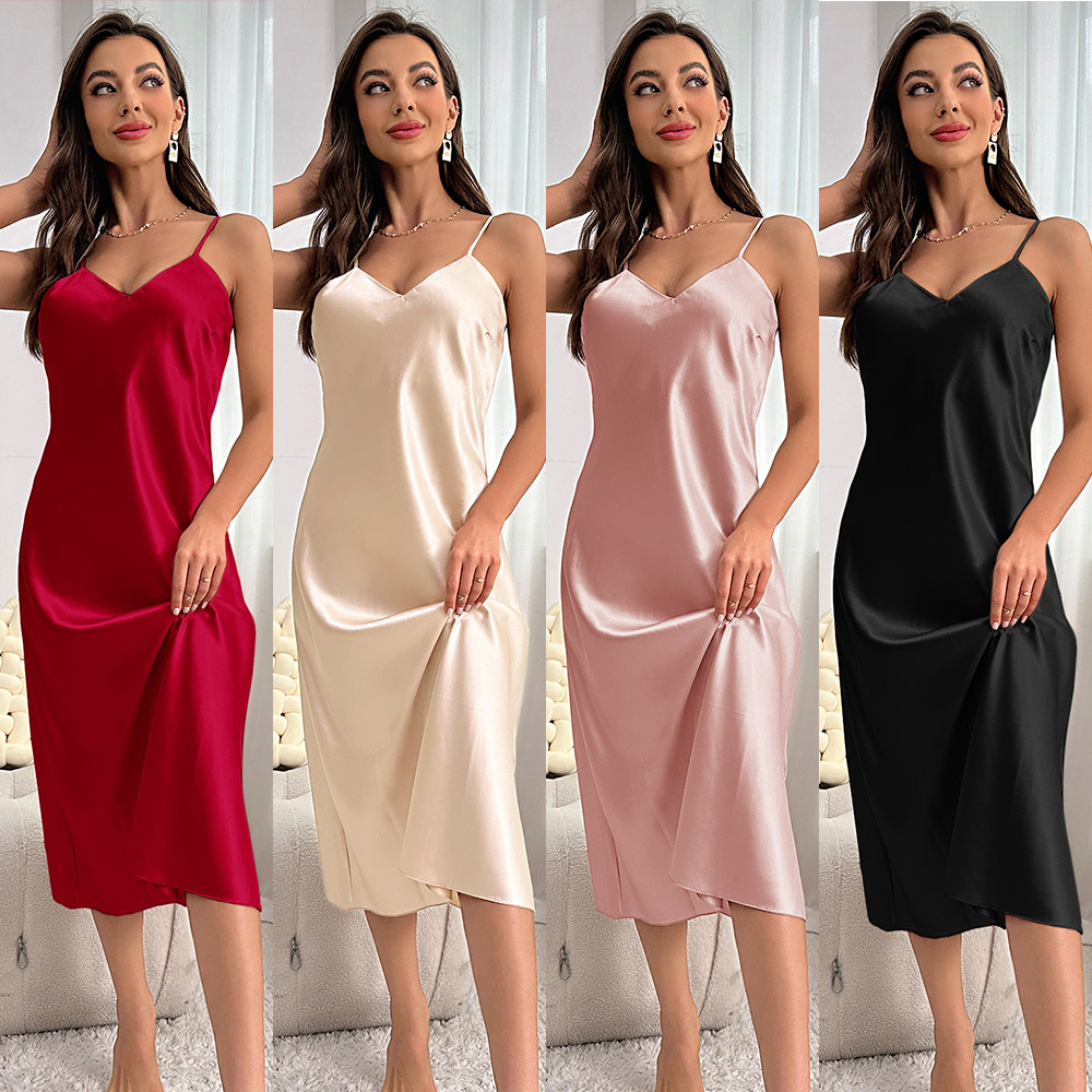 Cross-border Direct Supply New Style Nightgown Women's Summer Ice Silk Sexy Temptation Silk Sling Pajamas Fashionable Breathable Home Clothes