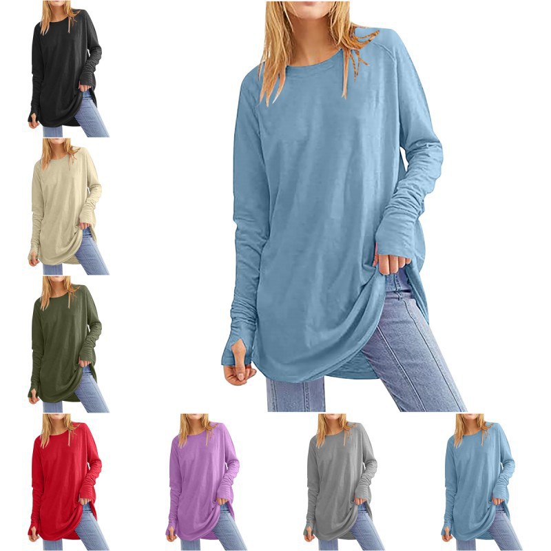 Amazon's New European and American Pure Color Loose Round Neck Long-Sleeved Thumb T-Shirt Tops for Women