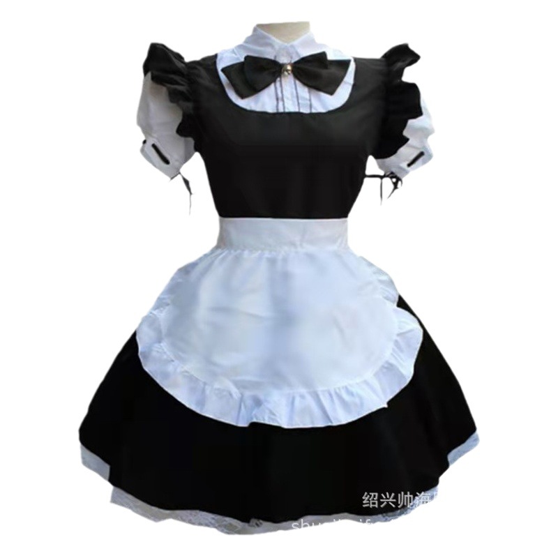 Cross-border cosplay Animation Film and Television Maid Dress Retro Performance Contrast Color Stitching Solid Color Flying Sleeve Lace Flower