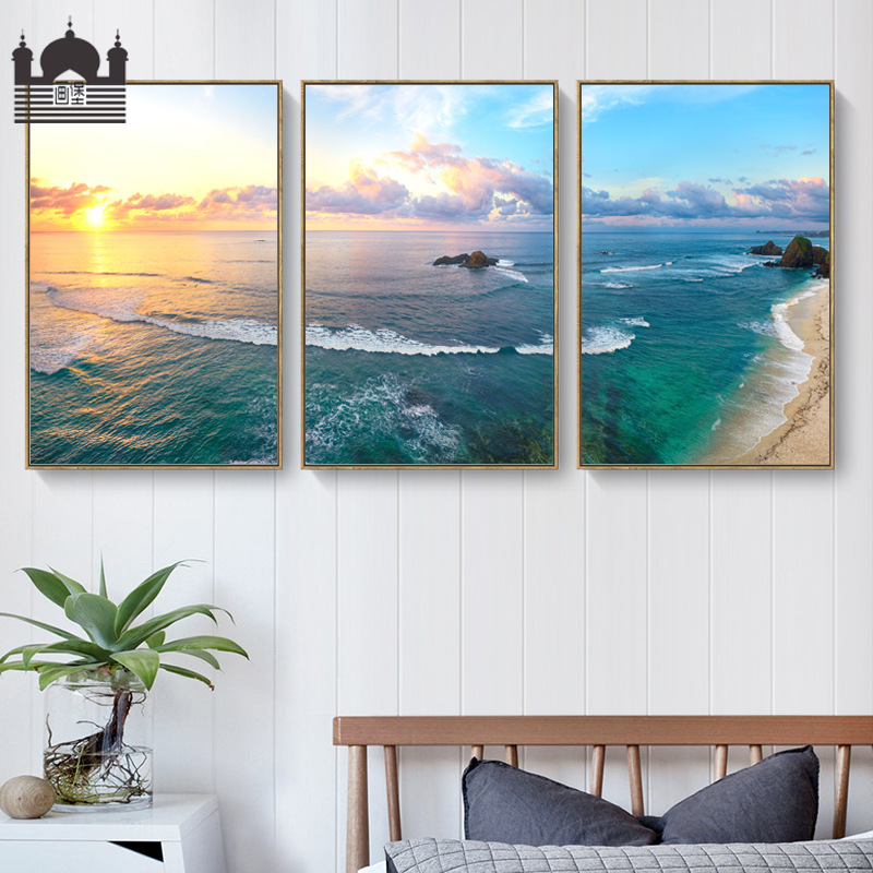 Modern Simple Decorative Painting Living Room Triple Landscape Sea View Sky Sea Hotel Apartment Homestay Stretch Frame Hanging Painting