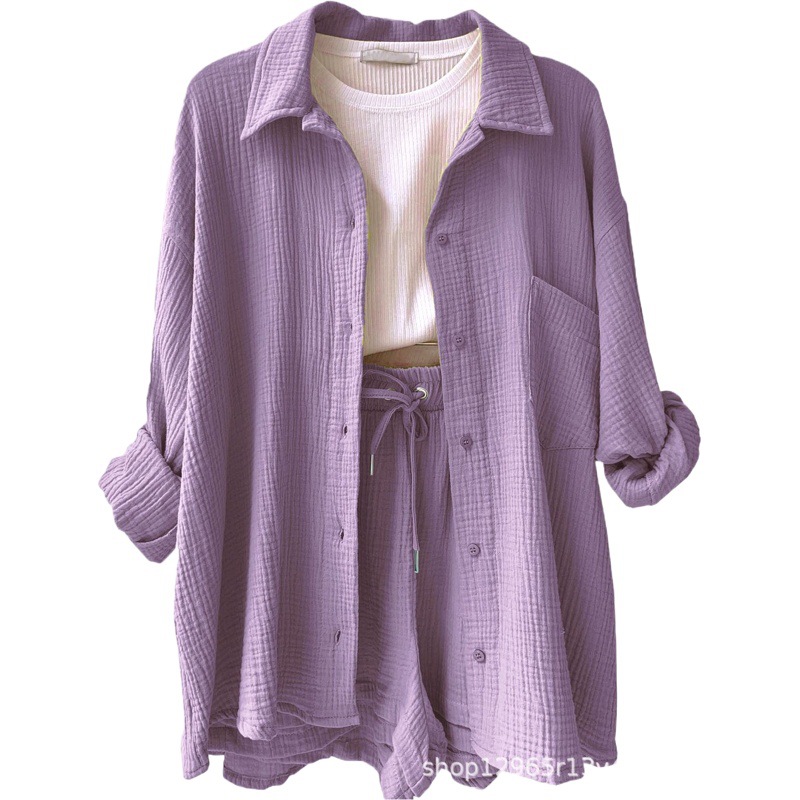 Cross-border Women's new two-piece cotton ruffle lapel long sleeve shirt drawstring shorts fashion casual suit