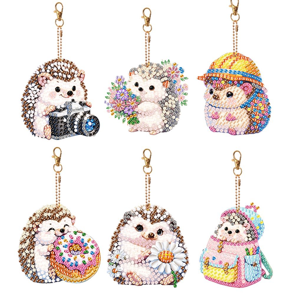 5D cross mirror new 6 pieces of diamond painting, acrylic material keychain double-sided DIY full drill colorful small hedgehog