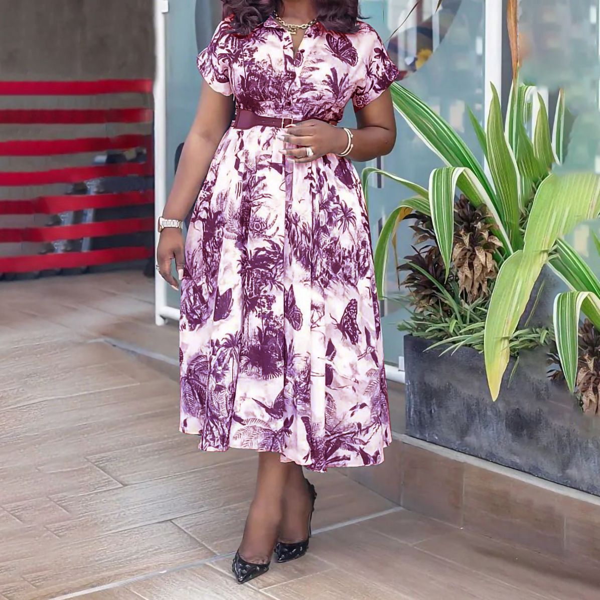 Exportdress Quality Short-Sleeved Classic Lapel Button-Up Printed Waist-Cinching Dress with Belt, High-Waisted and Slimming