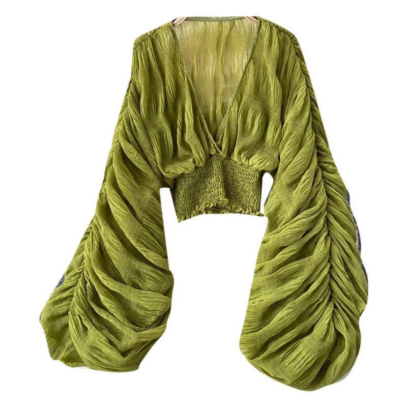 European and American ins top women's design sense niche pleated puff sleeve slim-fit short fashionable blogger all-match chiffon shirt