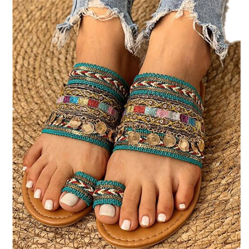 Picture of 2020 Ethnic Style Handmade Beaded Sandals New Summer Large Size Metal Decorative Sequined Toe Flats Roman Shoes
