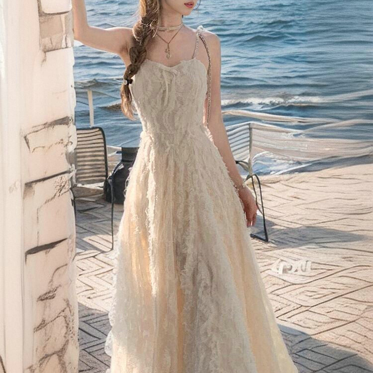 Picture of 2025 Summer New Style Temperament High-end Sense Diamond Chain Feather Sling dress Women's Waisted Slimming Travel Skirt