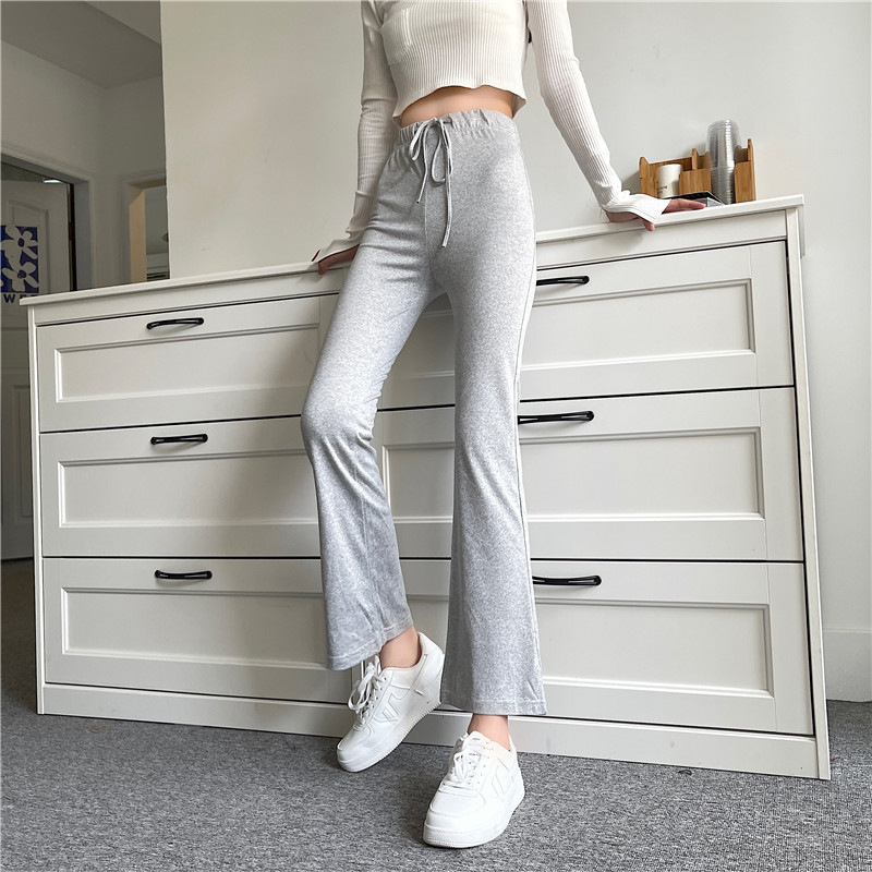 Picture of Black Grey High Waist Draping Yoga Sports Pants Korean Style Drawstring Slim-fit Slimming Ankle-length Micro-flared Pants Home Pants