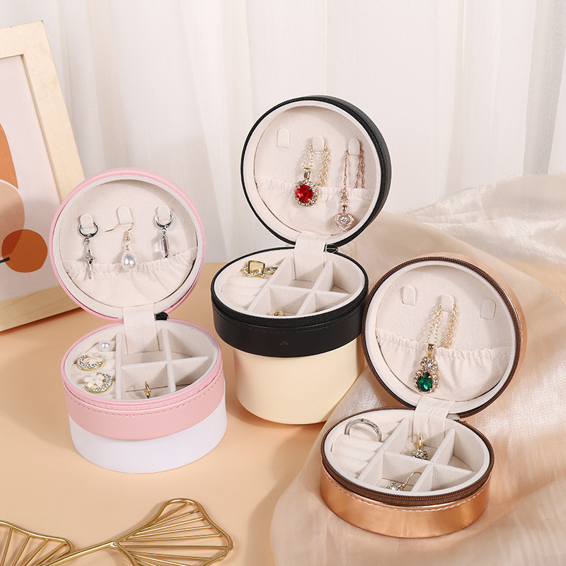 Picture of PU leather round jewelry box portable earrings earrings necklace ring compartment storage box travel jewelry box