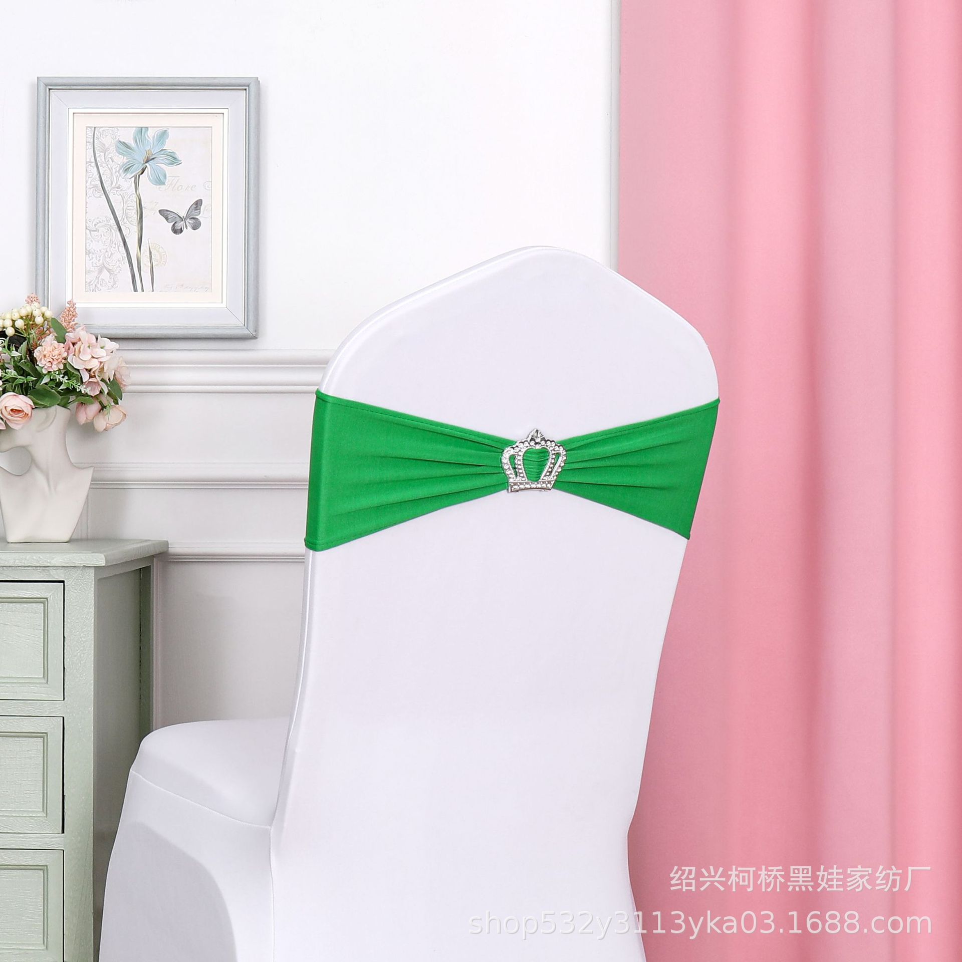 Picture of Chair Back Flower Bow Crown Diamond Buckle Elastic Banquet Chair Set Decoration Free Wedding Strap Ribbon Wedding Ribbon