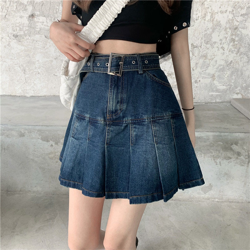 Retro High-Waisted Pleated Denim Skirt for Girls in Spring and Summer Plus Size Fat mm Slimming Look Versatile Sexy A-Line Skirt