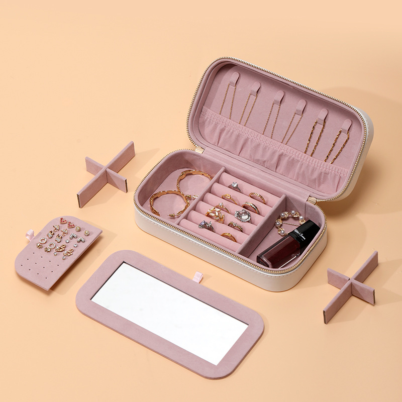 Picture of Striped Metal Zipper Jewelry Box with Mirror Jewelry Ring Necklace Storage Box Multifunctional Portable Jewelry Box