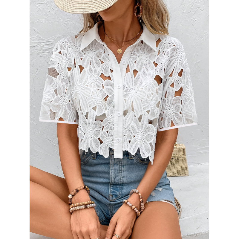 Cross-Border European and American Women's Lace Fashion Versatile Elegant Shirt Tops Casual Vacation Party Hollow Shirt