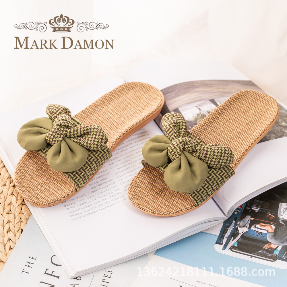 Manufacturer Foreign Trade Summer Home Linen Slippers Korean Style Bow Export Four-Season Slippers Linen Sweat-Absorbent Breathable Slippers