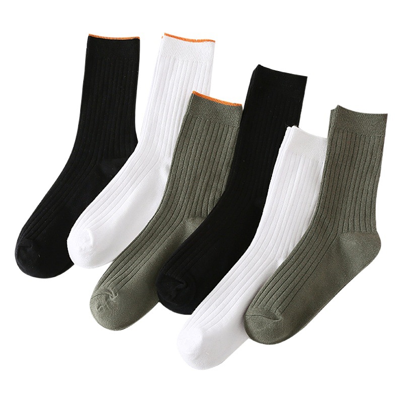 Autumn and winter new men's socks solid color double needle vertical stripe cotton socks casual sweat absorbent breathable men's socks wholesale