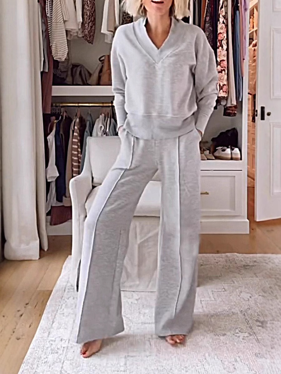 Cross-border 2024 Autumn and Winter New Amazon Europe and the United States Solid Color Casual V-neck Long Sleeve Top Wide Leg Pants Two-piece Set