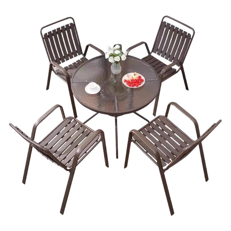 Outdoor Garden Dining Table, Courtyard Outdoor Table and Chair Set with Umbrella, Balcony Leisure Open-Air Wrought Iron Balcony Courtyard Furniture