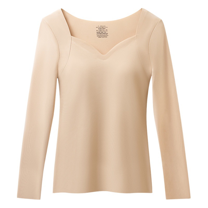 Autumn and winter warm seamless hyaluronic acid skin-beautifying clothing warm underwear with chest pad long sleeve slim-fit low collar bottoming shirt
