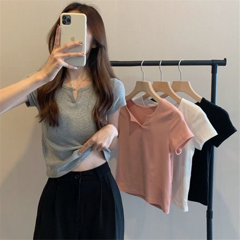 Short T-shirt Women's Summer Short-sleeved V-neck Design Sense Pink Slim-fit Slimming High Waist Navel-exposed Chic Top ins Trendy