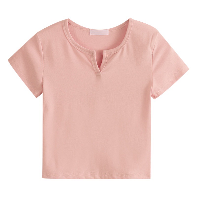 6535 Cotton Solid Color Design Sense Short T-shirt Women's Summer Short-sleeved V-neck Base Shirt High Waist Navel Top Women's Clothing