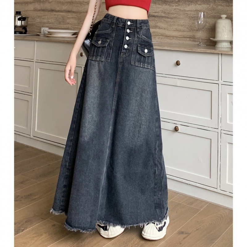 Denim Midi Dress Design Hong Kong Style Breasted Fur Edge A- Line Skirt High Waist Slimming Half-Hip Skirt Women's Large Swing Skirt