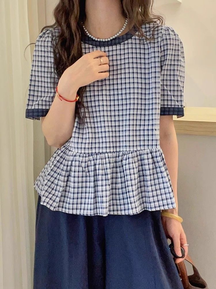 Korean Style 2025 Summer New Heavy-Duty Round Neck Short-Sleeved Babydoll Shirt for Women, Plaid Shirt, Super Nice Skirt Top