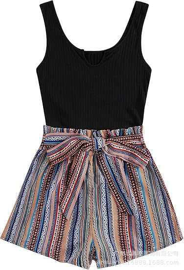 Picture of 25 New Women's Jumpsuit Amazon Hot Knitted Jumpsuit Summer Sleeveless Waist Vest Shorts Jumpsuit