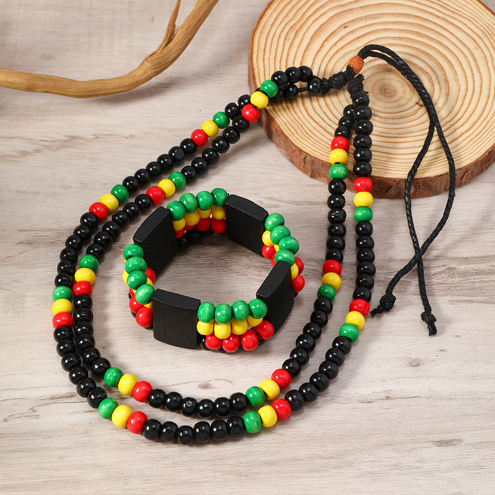 New Red Yellow Green 8mm Round Beaded Bracelet Color Wooden Beads Handmade Necklace Multi-layer Necklace suit