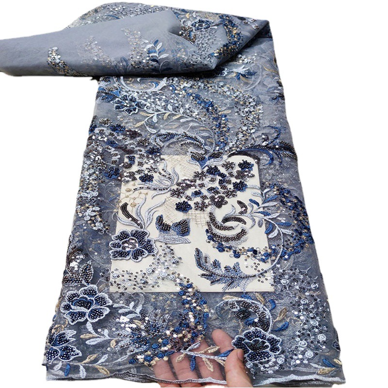 Heavy Embroidery Fabric with Single-Sided Floral Design, Featuring Beads and Sequins, Suitable for Wedding Dresses, Evening Gowns, Cheongsams, and Lace Trim