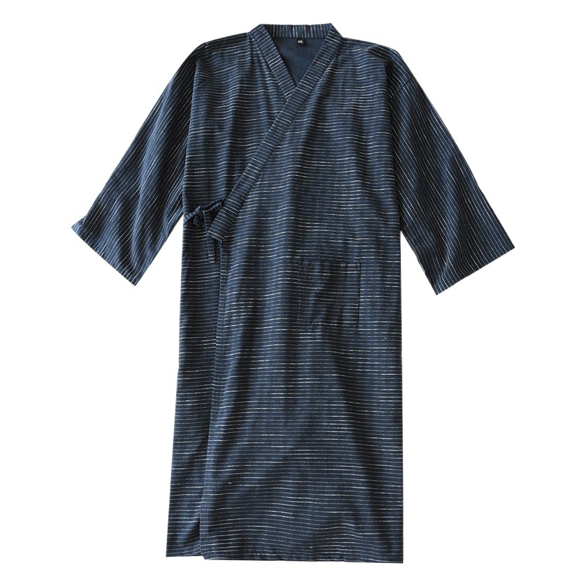 Jacquard Striped Kimono Nightgown Cotton Thin Spring, Summer and Autumn Japanese-style Sweat Bathrobe Men's Lace-up Gown