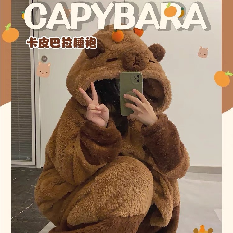 Little Red Book hot-selling pajamas women's winter khaki Barra dolphin door bear nightgown coral velvet one-piece pajamas trousers suit
