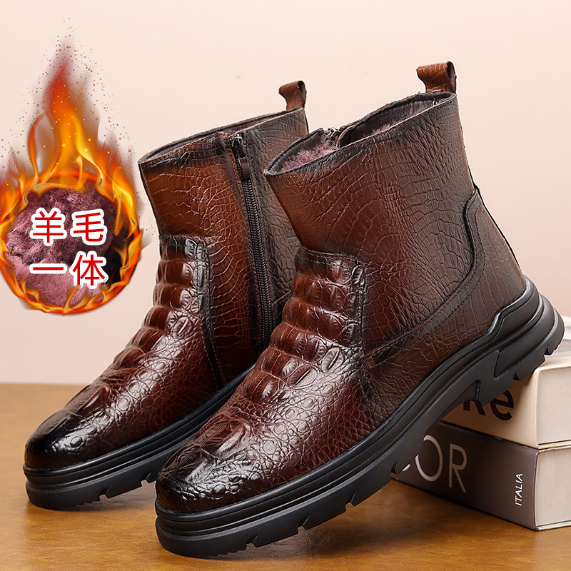Men's Winter Shoes Genuine Leather High-top Casual Men's Cotton Shoes Warm Wool Short Boots Snow Boots Men's fleece-lined Thickened Outdoor
