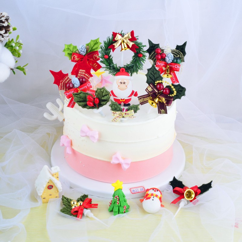 Christmas cake decoration plug-in grass circle Christmas tree garland leaves dress up Christmas tree cake dessert plug-in