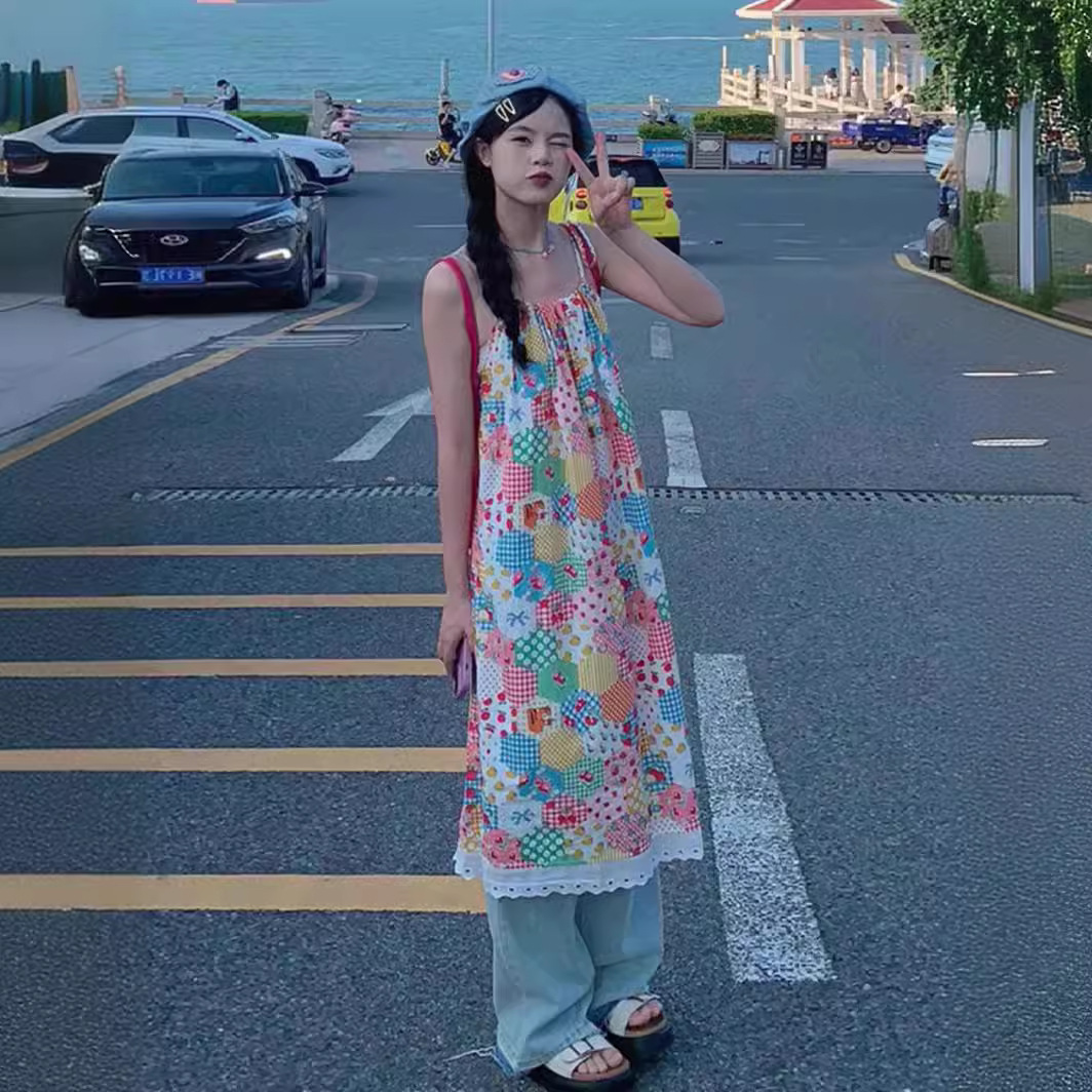 Sanya Bali holiday style floral beach dress women's summer French sweet age-reducing super fairy sling dress