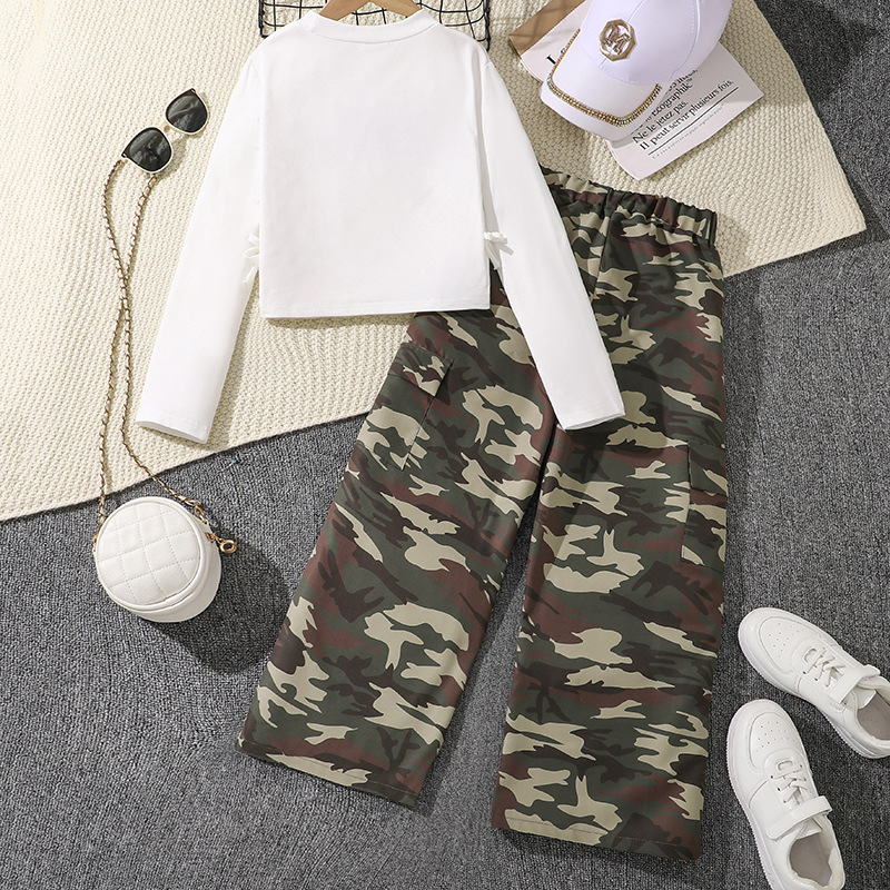 Picture of Foreign Trade Women's Children's Wear Spring and Autumn New American Retro Camouflage Trousers Letter Printed Long Sleeve Top Big Children's suit