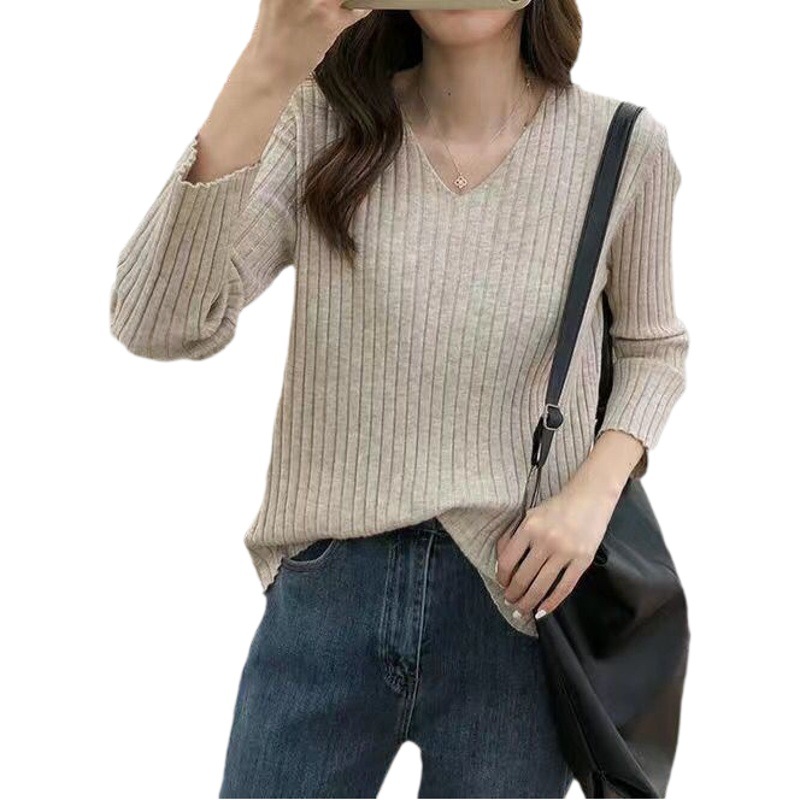 2023 Spring/Autumn V-Neck Long-Sleeved Knitwear Spring Large Size Women's Loose Base Sweater for Students Korean Style
