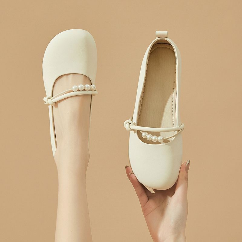 Beige Flat White Mary Jane Shoes Women's Shoes Spring and Autumn Small Leather Shoes Summer 2023 New Shallow Mouth Soft Sole Shoes